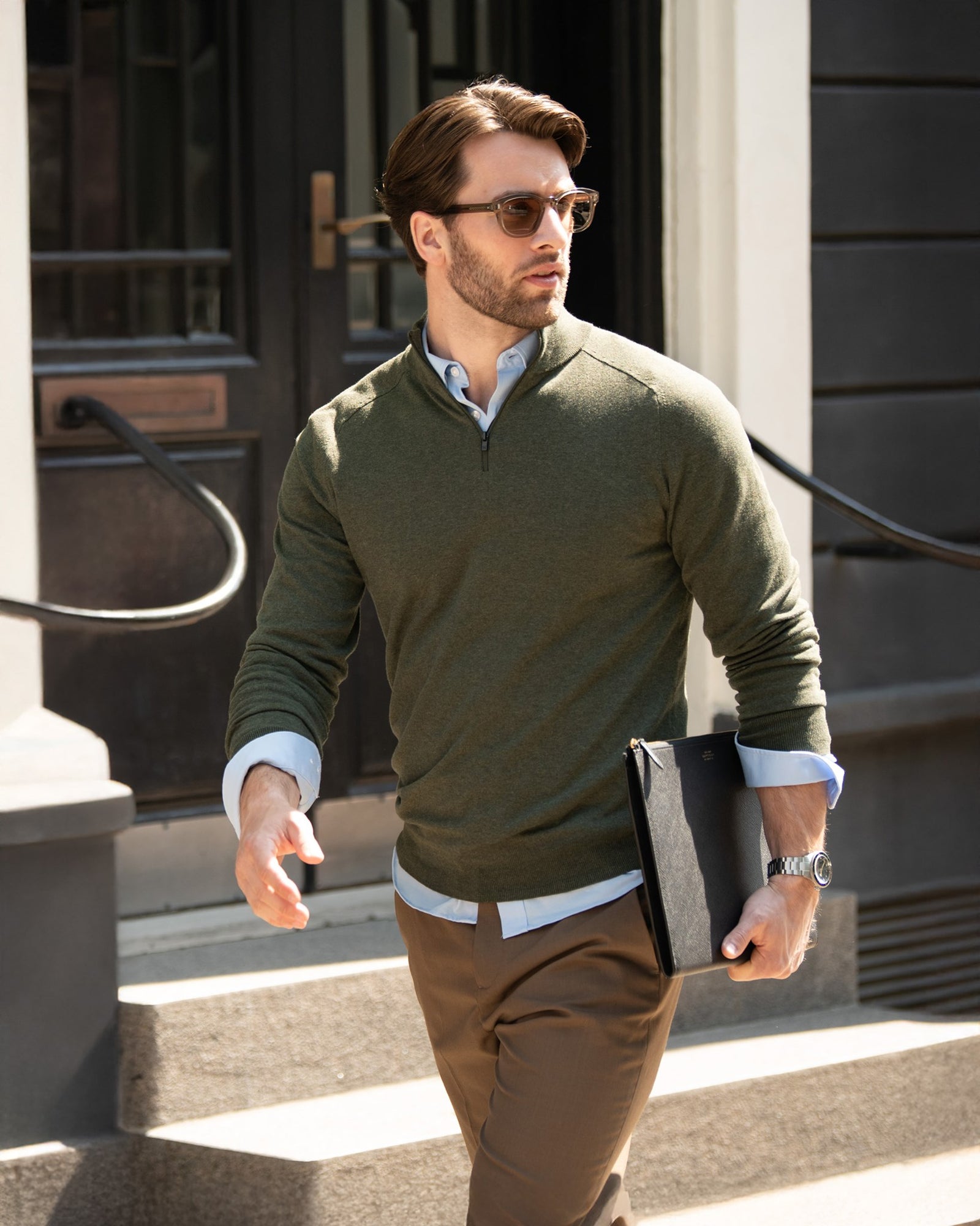 Brighton 1 4 Zip Men Olive Melange Back