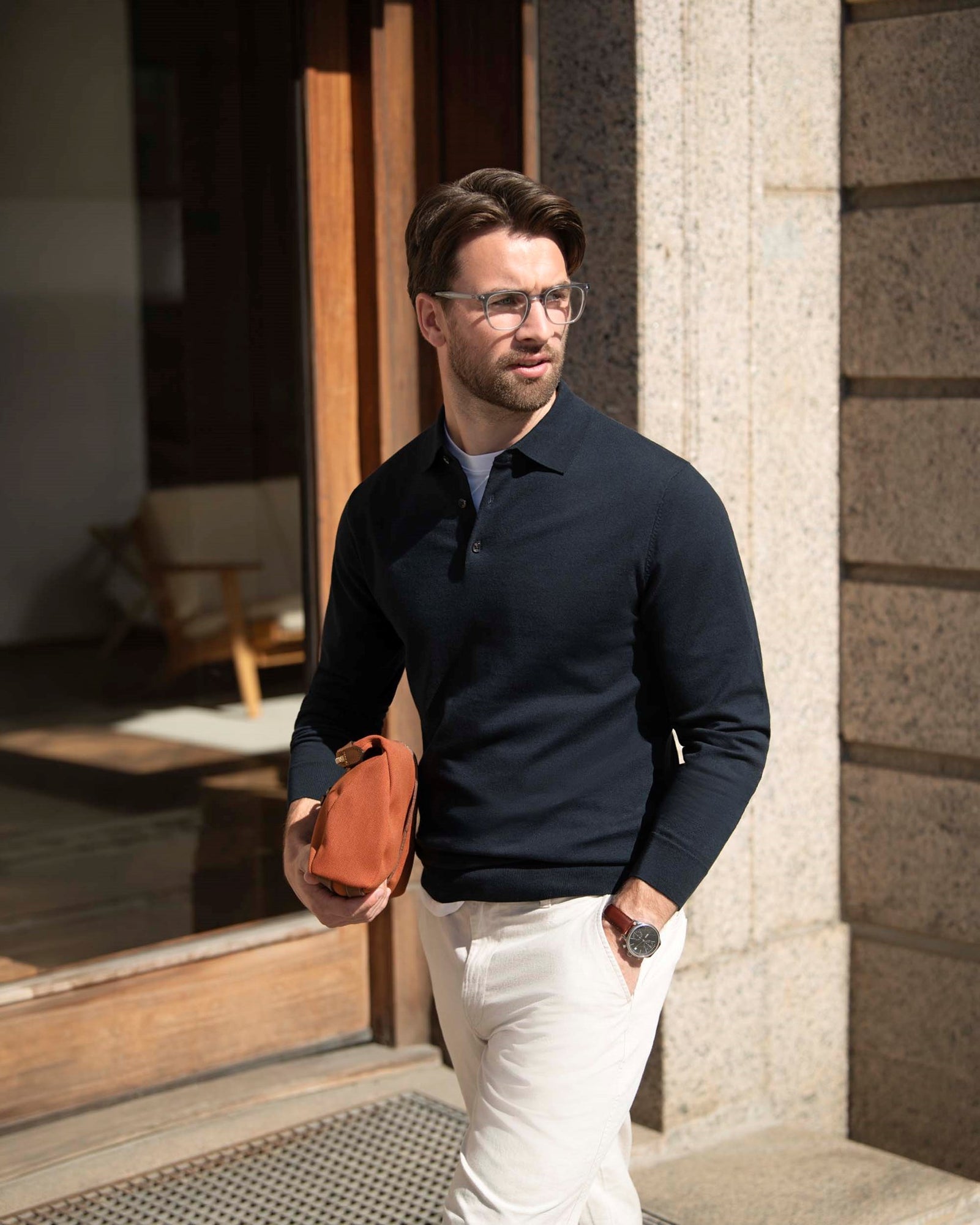 Brighton Long Sleeve Polo Men Olive Melange Back